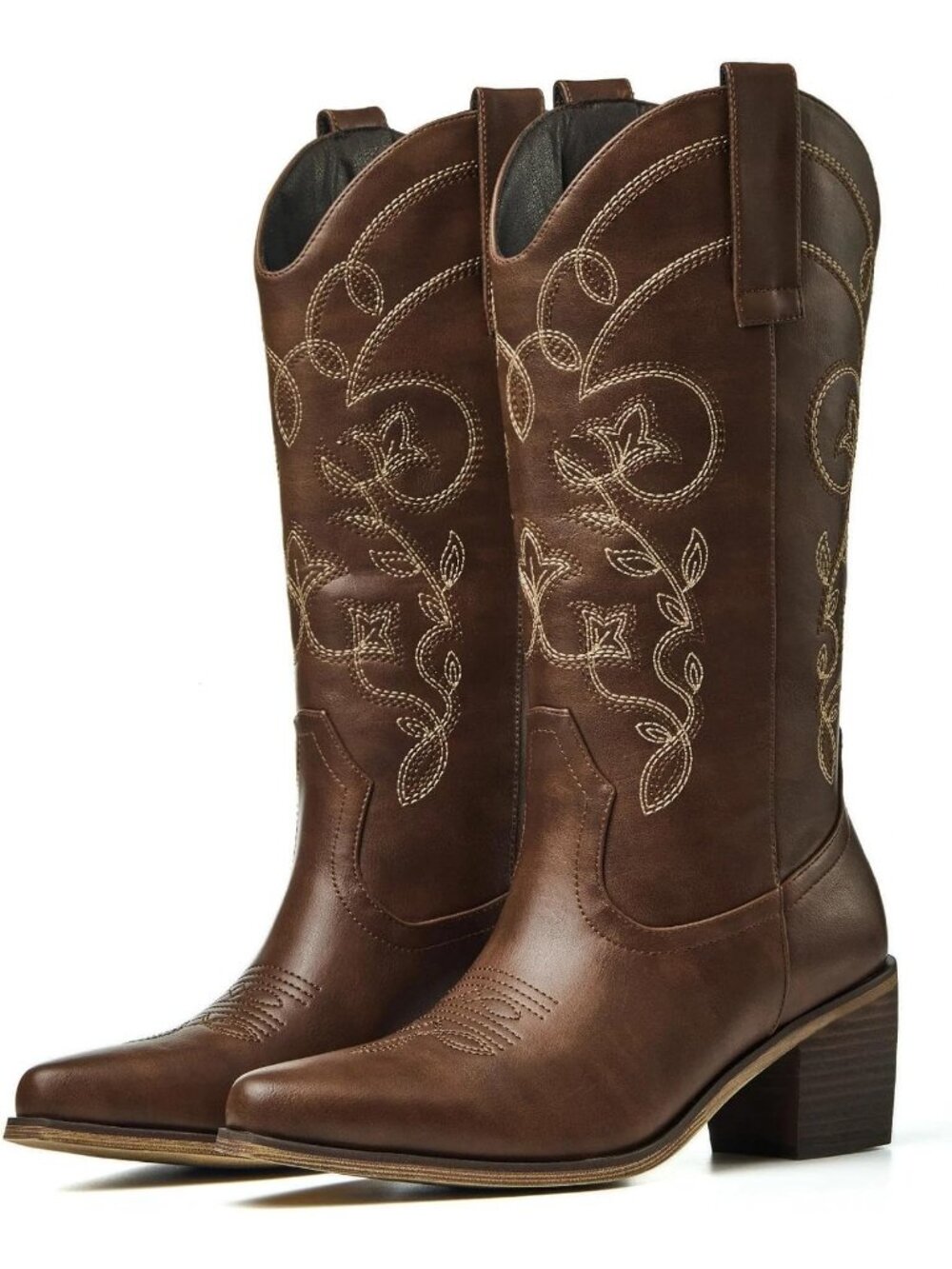 Women's Brown Cowgirl Boots Pointed Toe Chunky Heels Country Western Boots